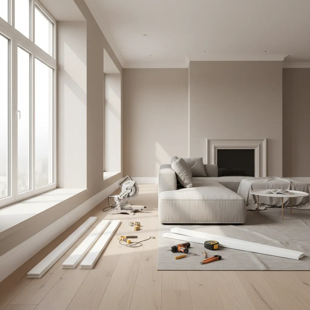 living room wall with partially installed baseboards during trim installation