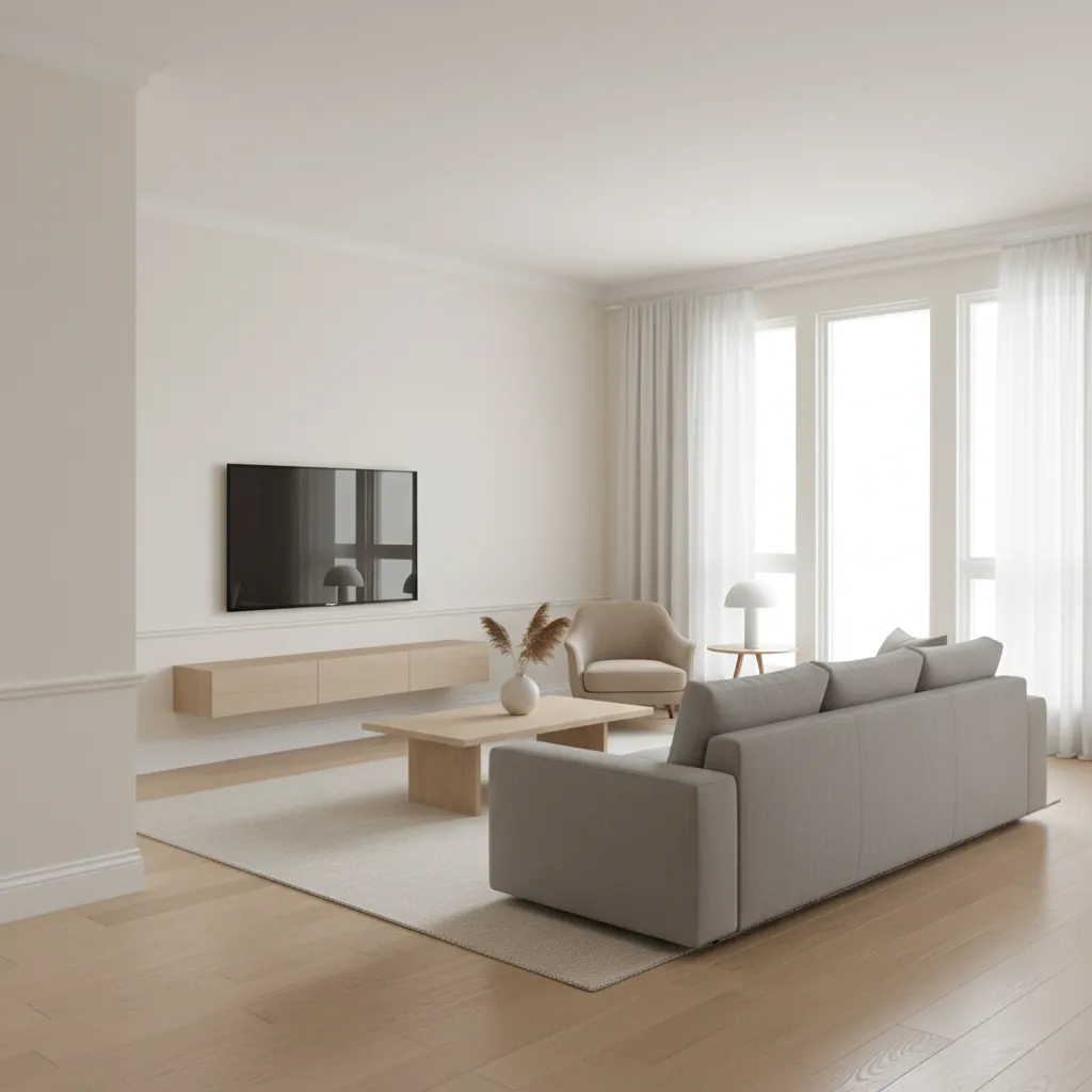 modern living room interior showing baseboard trim along walls