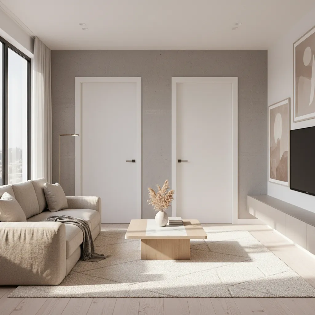 living room with bedroom doors and balanced furniture layout