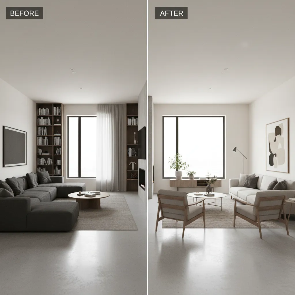 before and after living room layout comparison