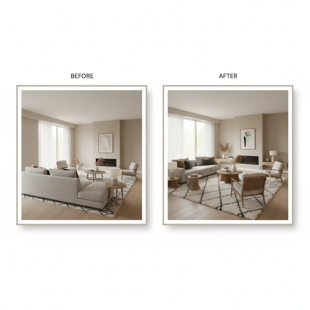 Living room before and after showing improved furniture layout and modern styling