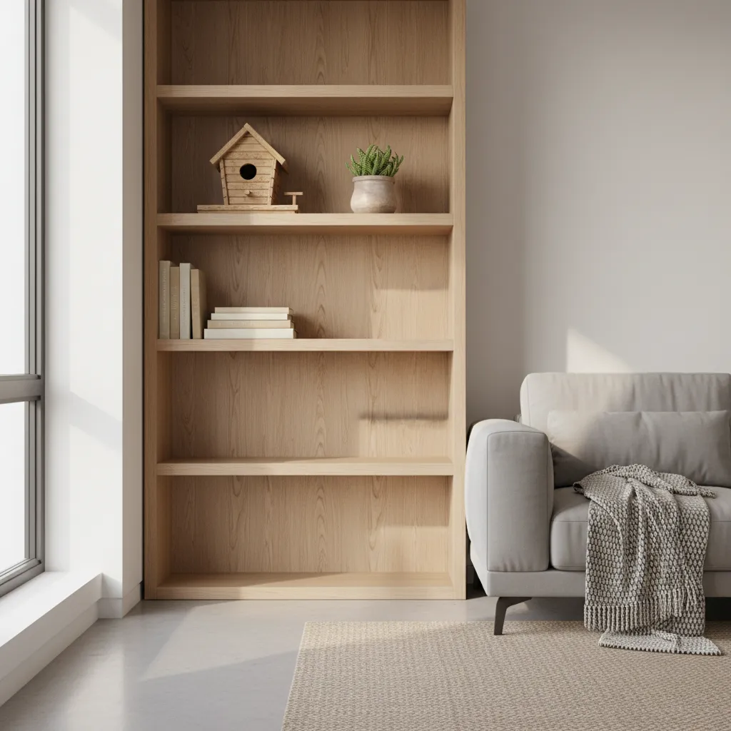 Decorative bird house styled on a living room shelf with books and plant