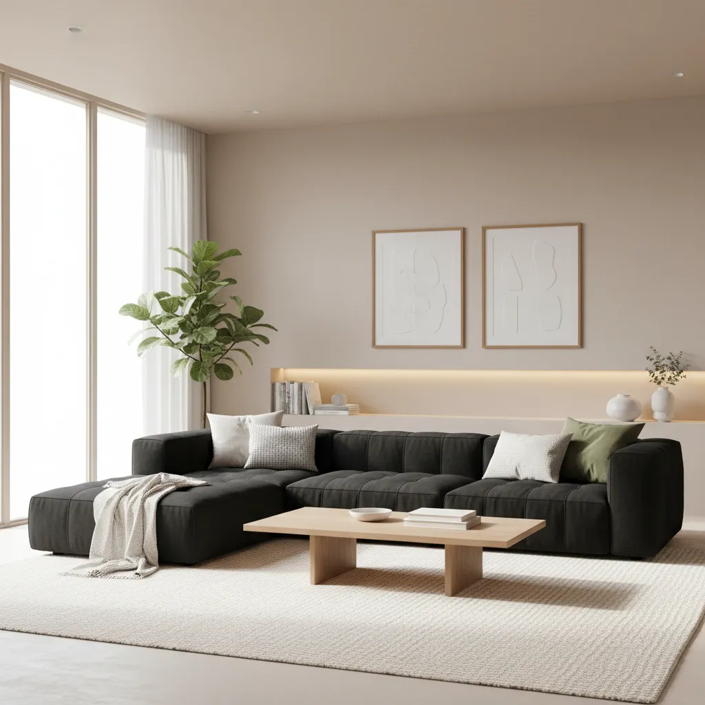Living room with black sofa, bright rug, and neutral walls creating visual balance