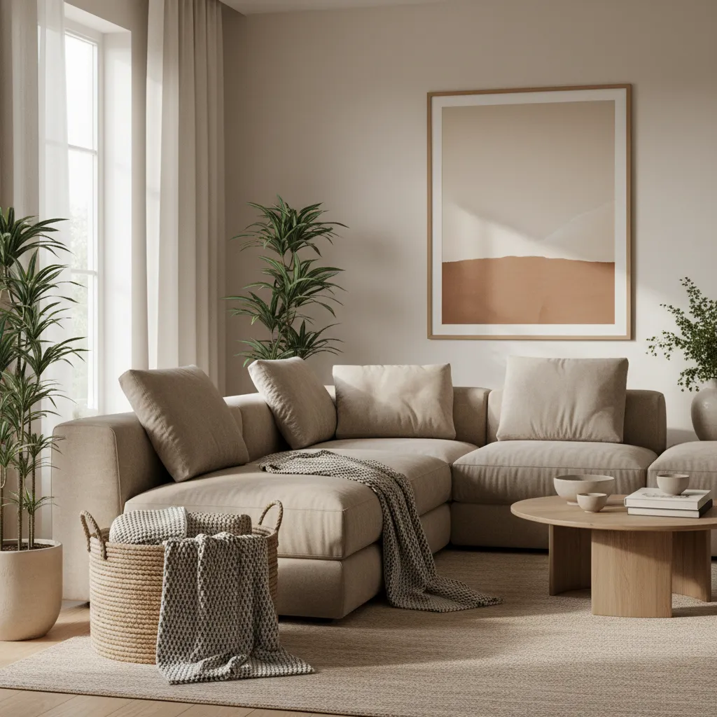 Living room with decorative basket storing folded throw blankets next to sofa