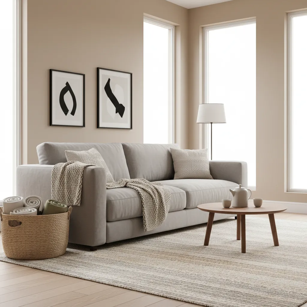 Cozy living room with neatly stored throw blankets