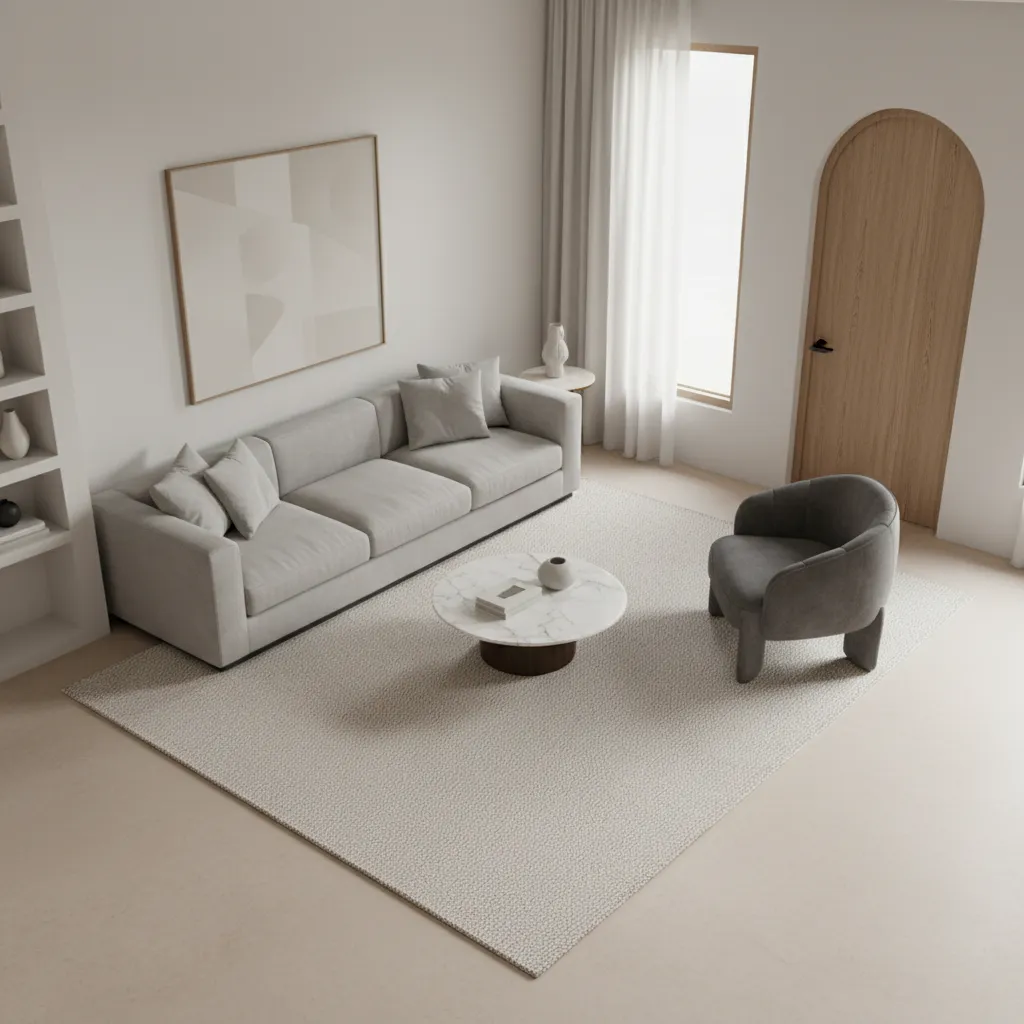 Interior design drawing showing a living room with sofa marble table grey chair and door