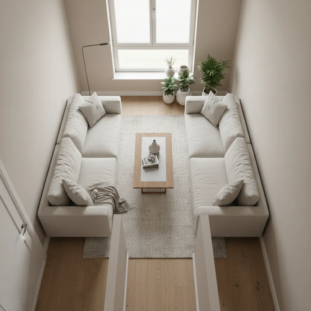 Two white sofas facing each other in a narrow living room with wooden coffee table