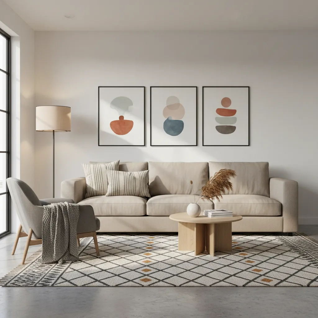 Living room decorated with budget friendly rug pillows and wall art