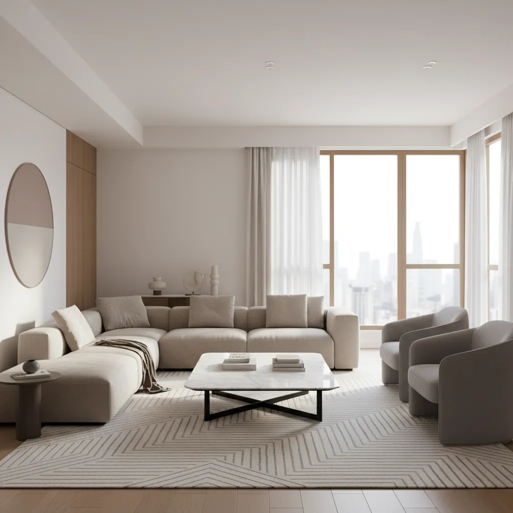 budget living room layout with sofa, rug and coffee table arranged for better space flow