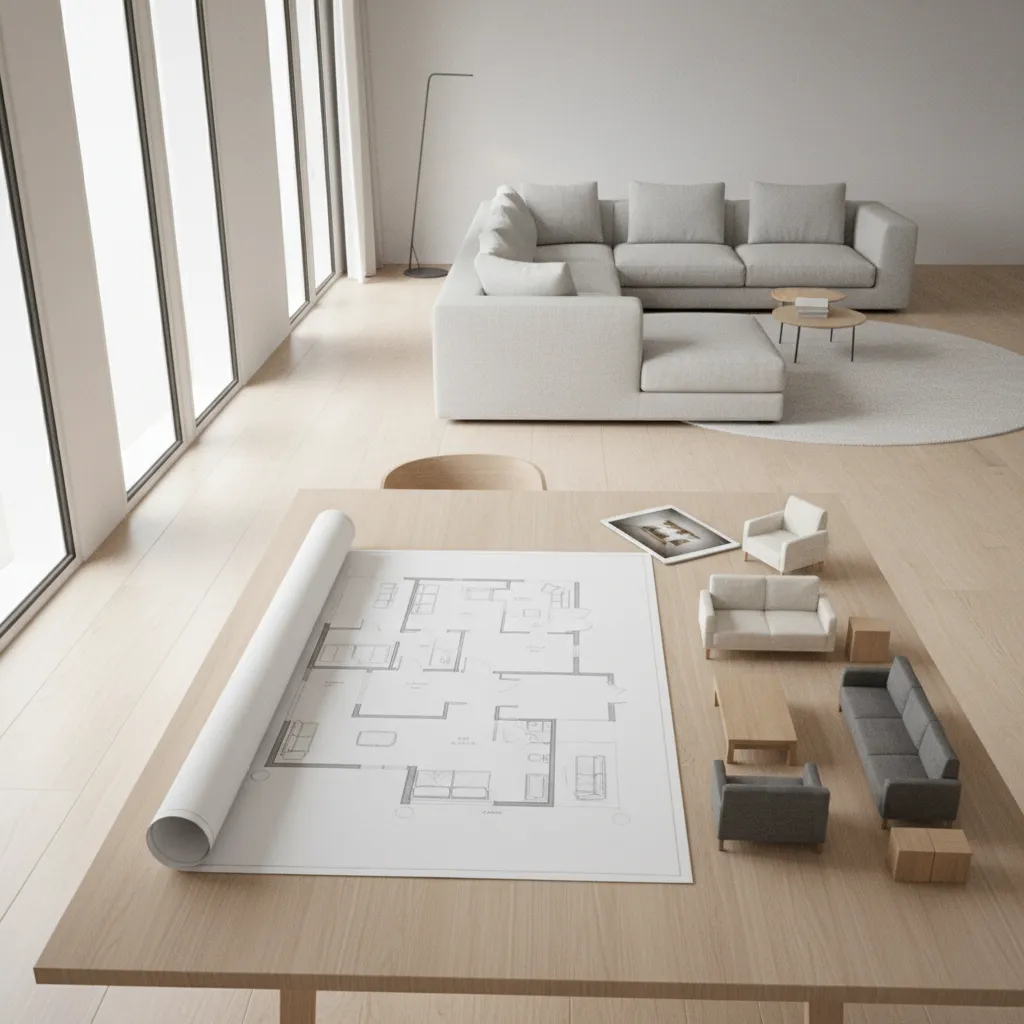 Living room layout planning with furniture arrangement for budgeting