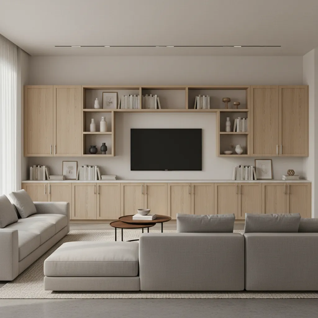 Modern living room with wooden wall cabinet television books grey sofa rug and coffee table