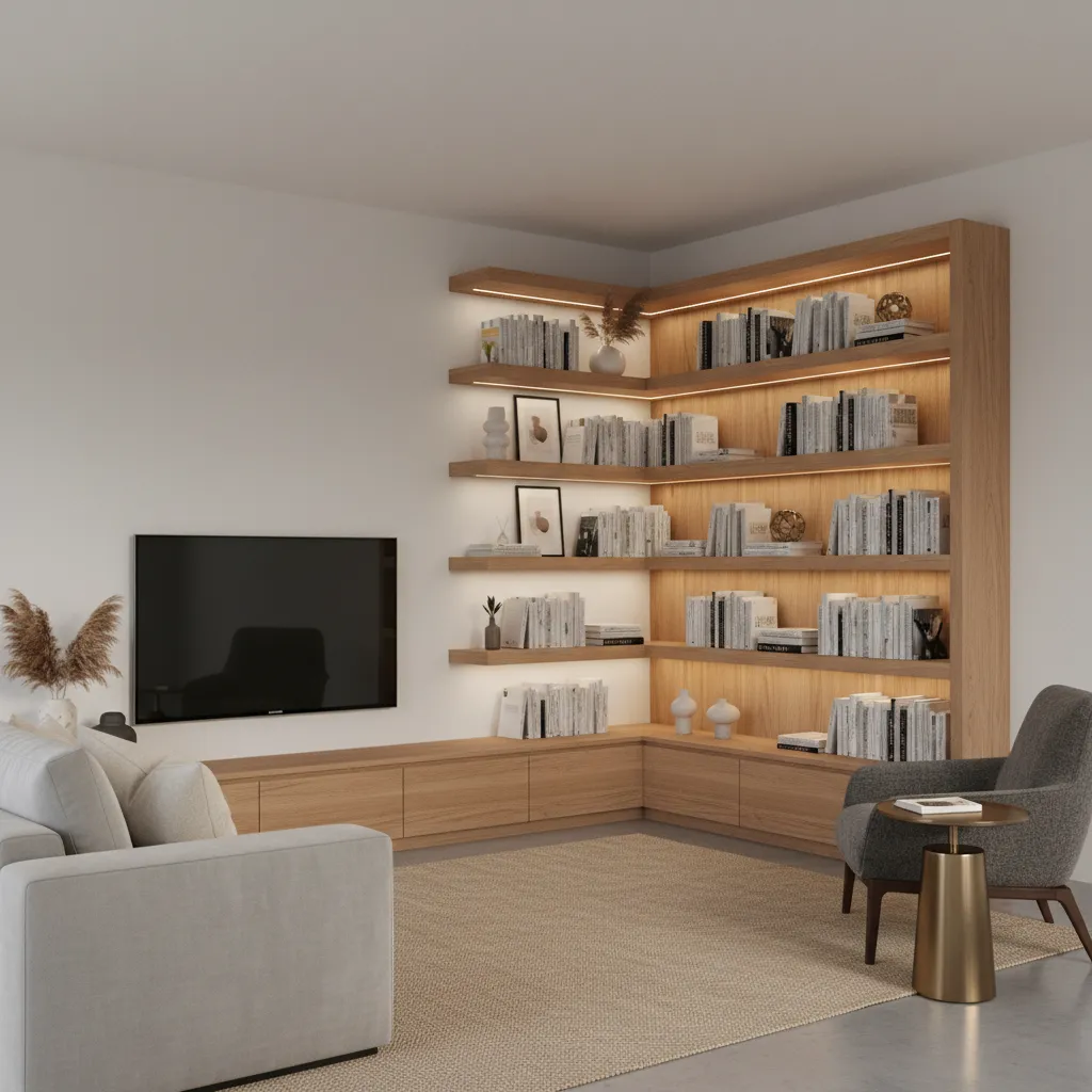 Built in corner shelves integrated into a modern living room wall
