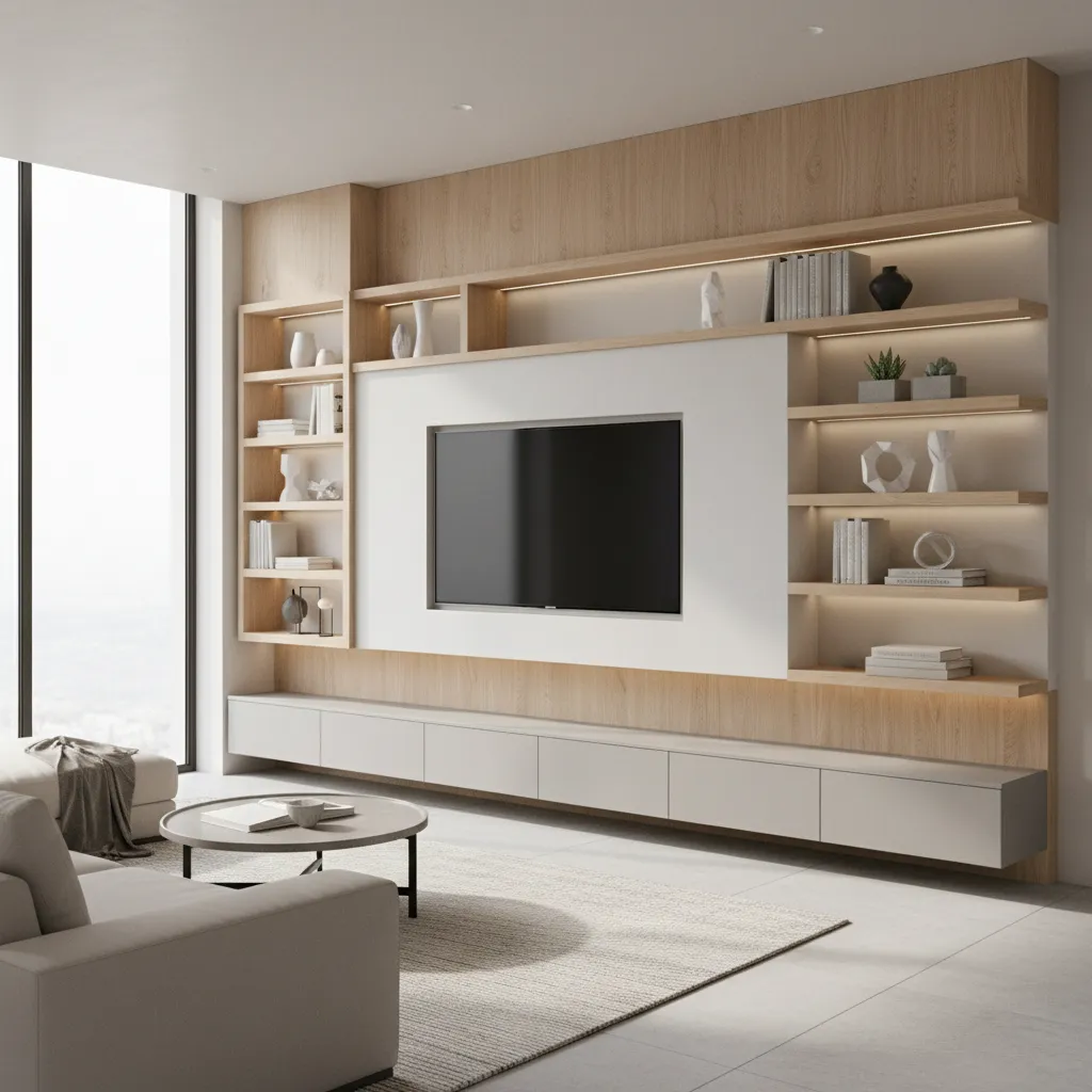living room with built in shelves and storage around tv wall