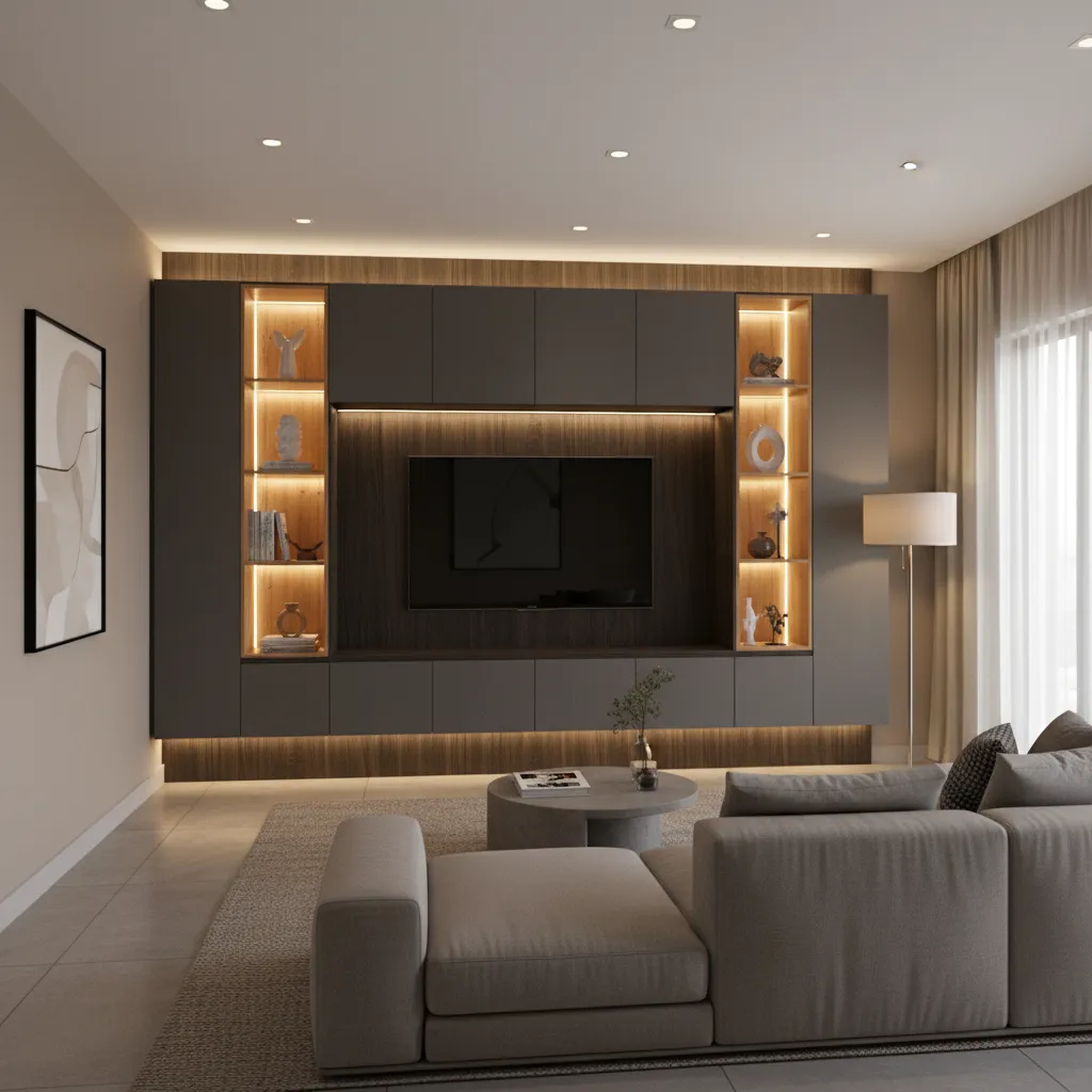 Wall cabinet shelving with integrated LED lighting in living room