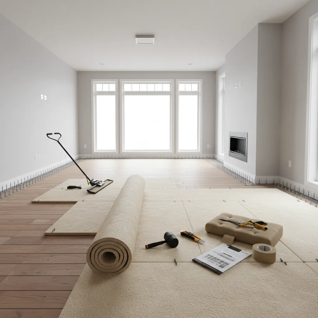 living room during carpet installation with padding and tack strips visible