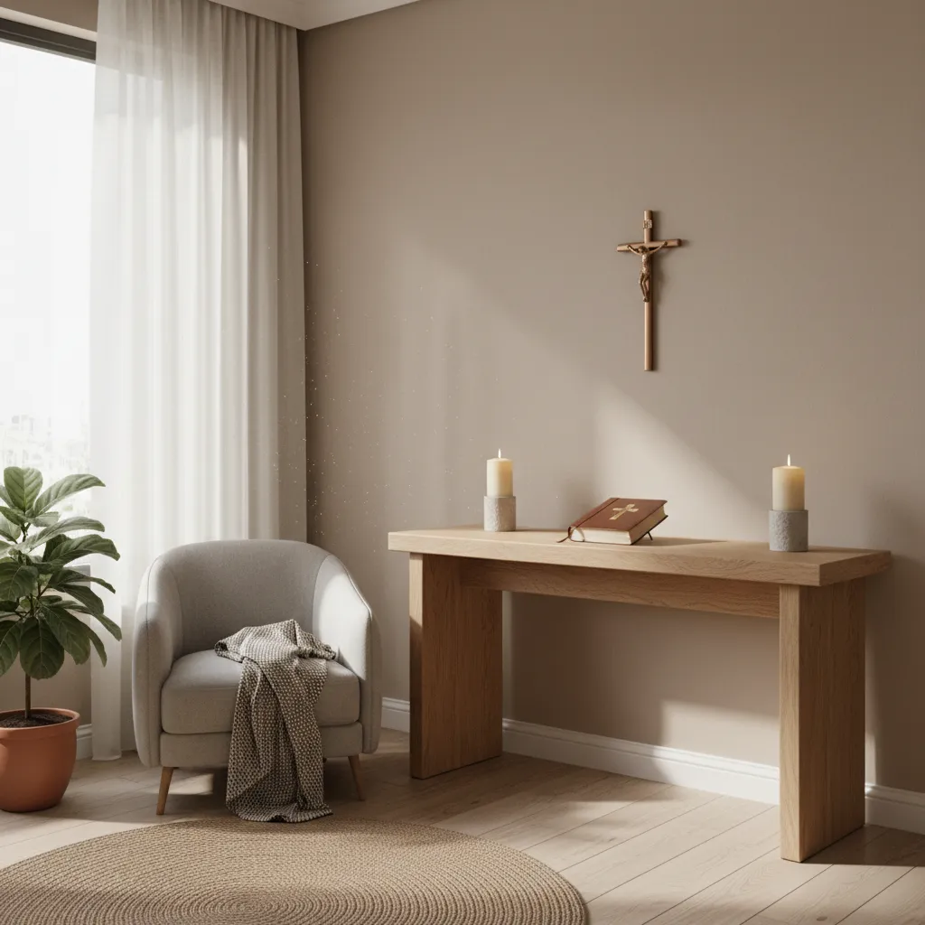 Catholic prayer corner in living room with console altar crucifix and candles