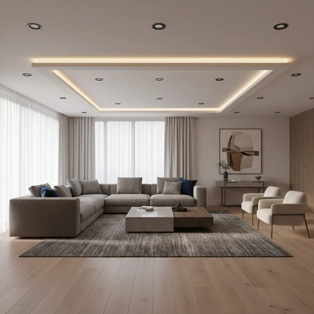 Ceiling lighting aligned with sofa seating area in living room