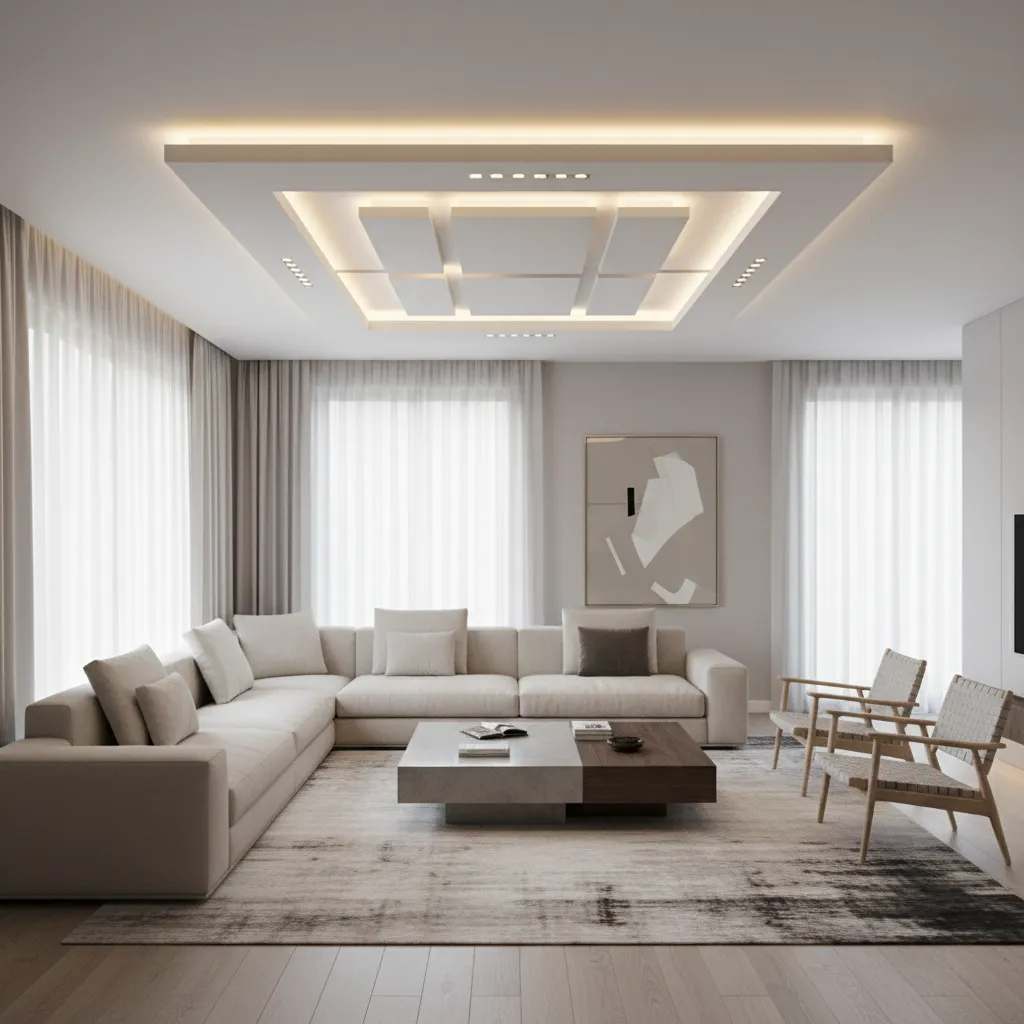 living room showing ceiling design aligned with sofa seating layout