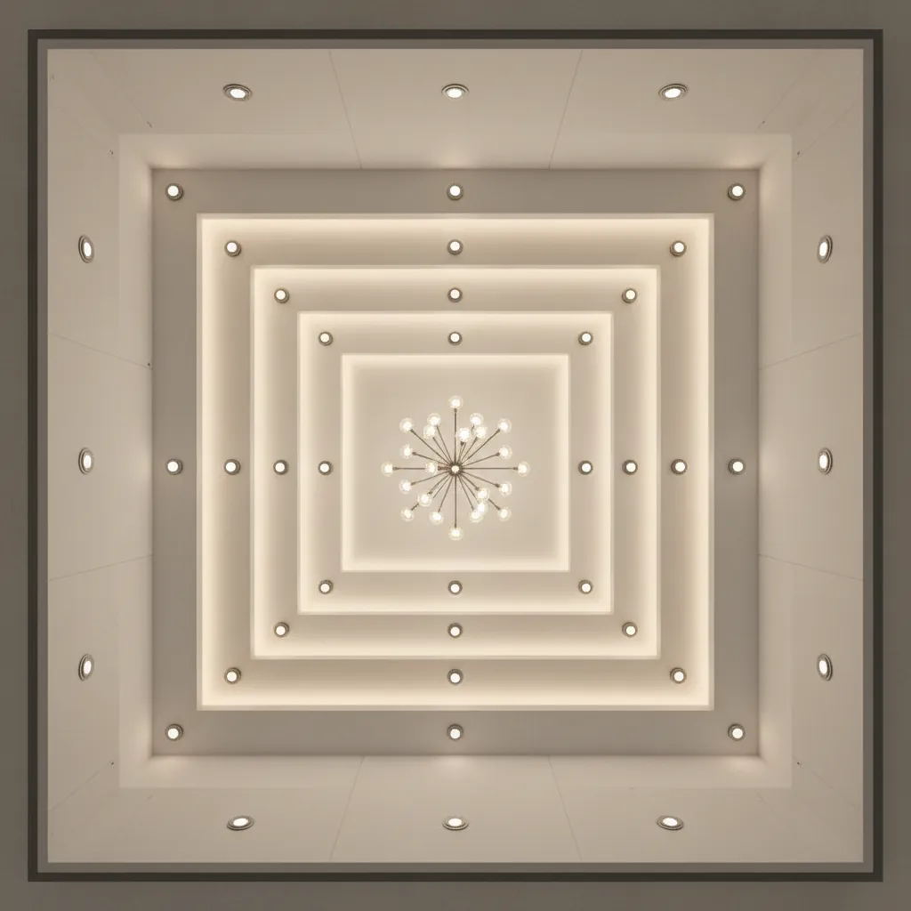 Living room ceiling layout with chandelier and recessed lighting