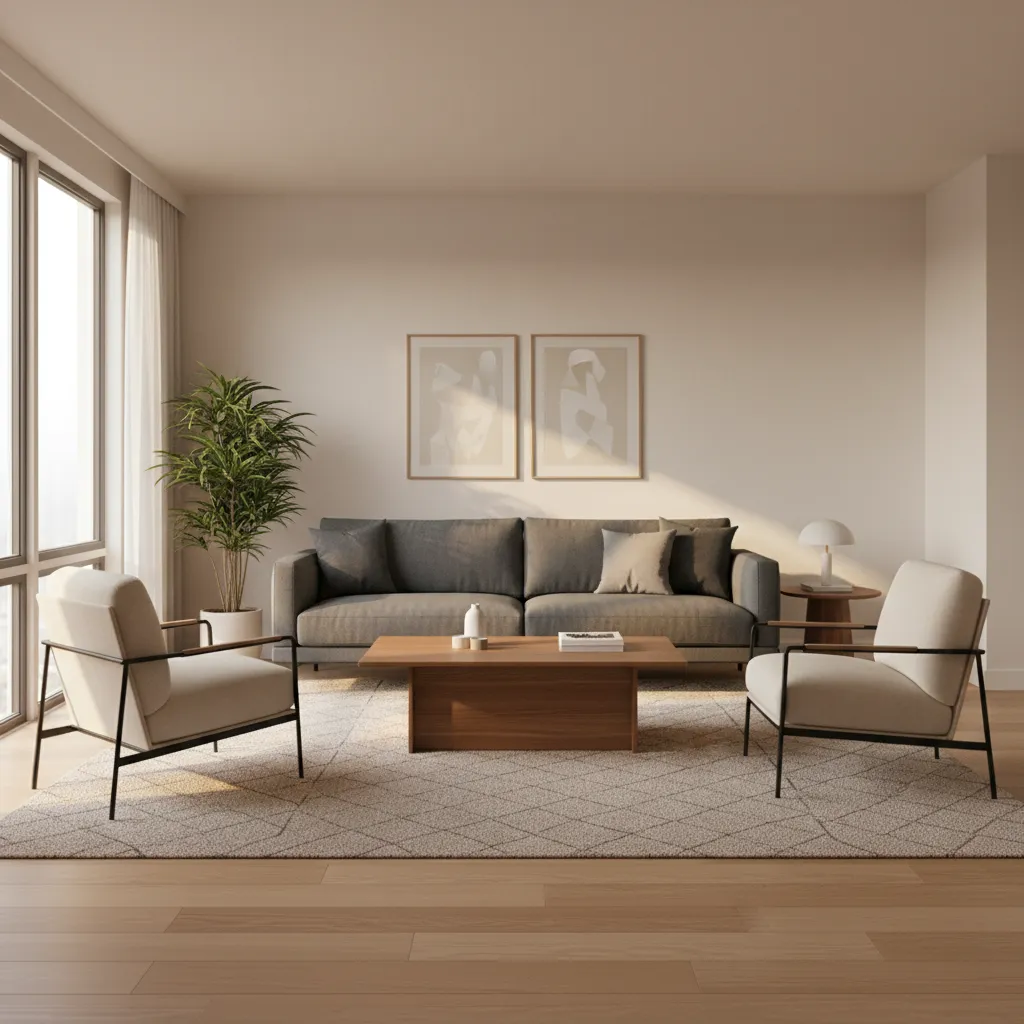 Living room with centered rug sofa and chairs forming a conversation seating zone