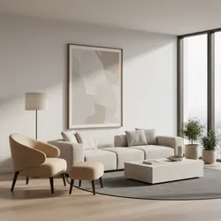 Modern living room with beige sofa yellow armchair footrest floor lamp and large wall art