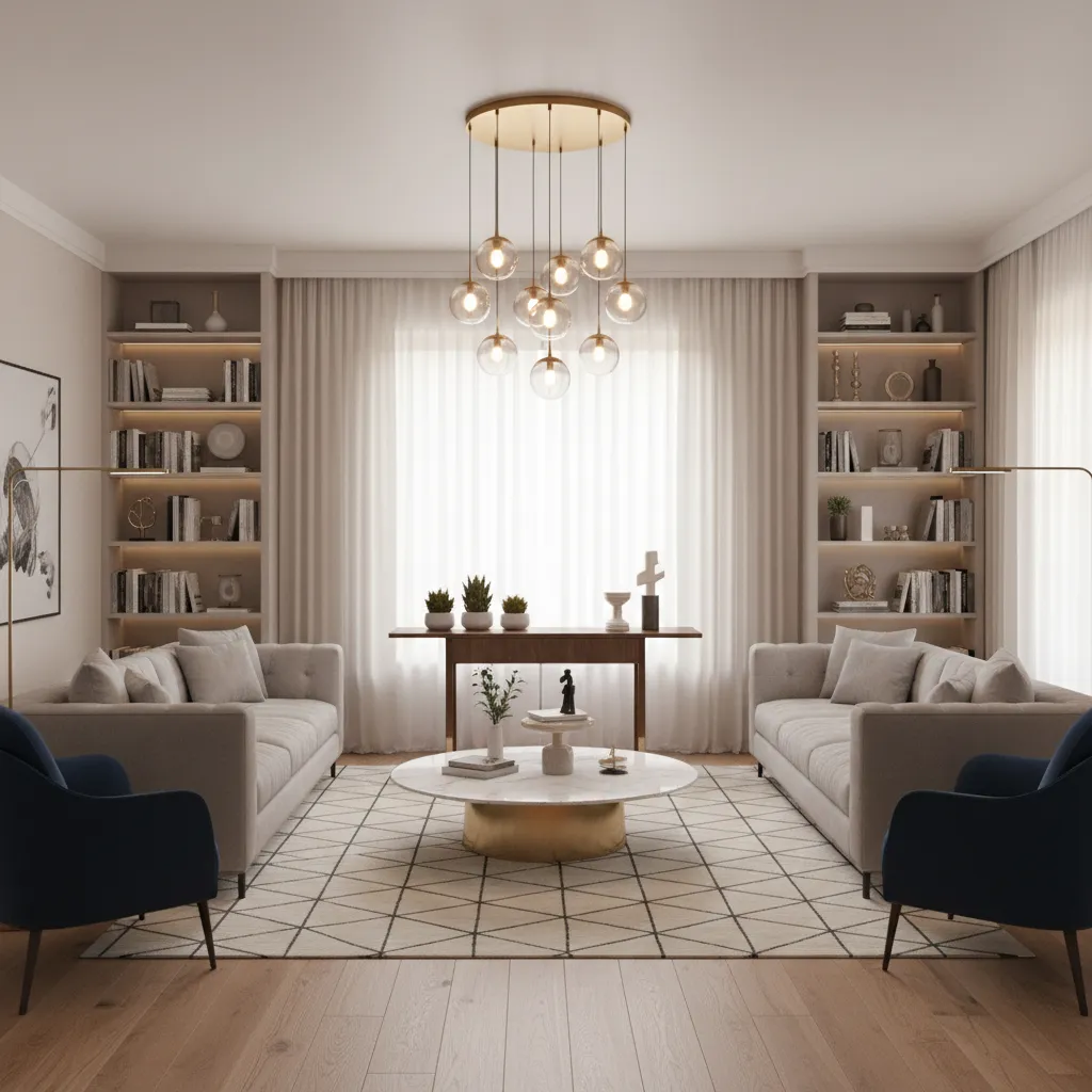 Living room layout showing chandelier placement above seating area
