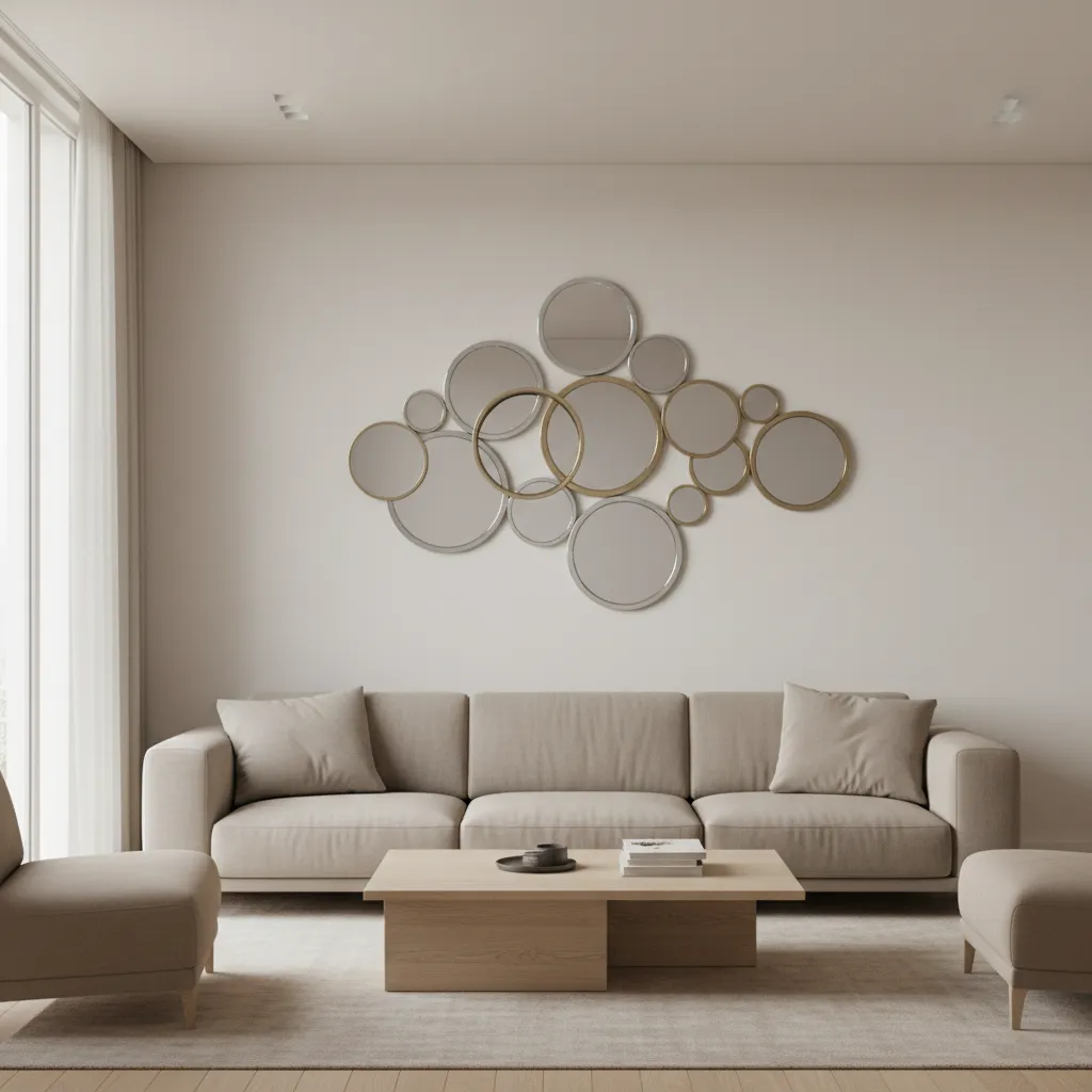 Living room featuring clustered circular wall decor above a sofa