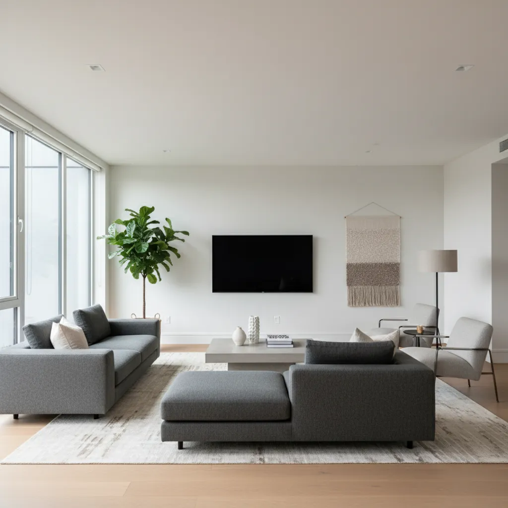 Modern living room with grey sofa, large television, green plant, floor lamp, and neutral rug