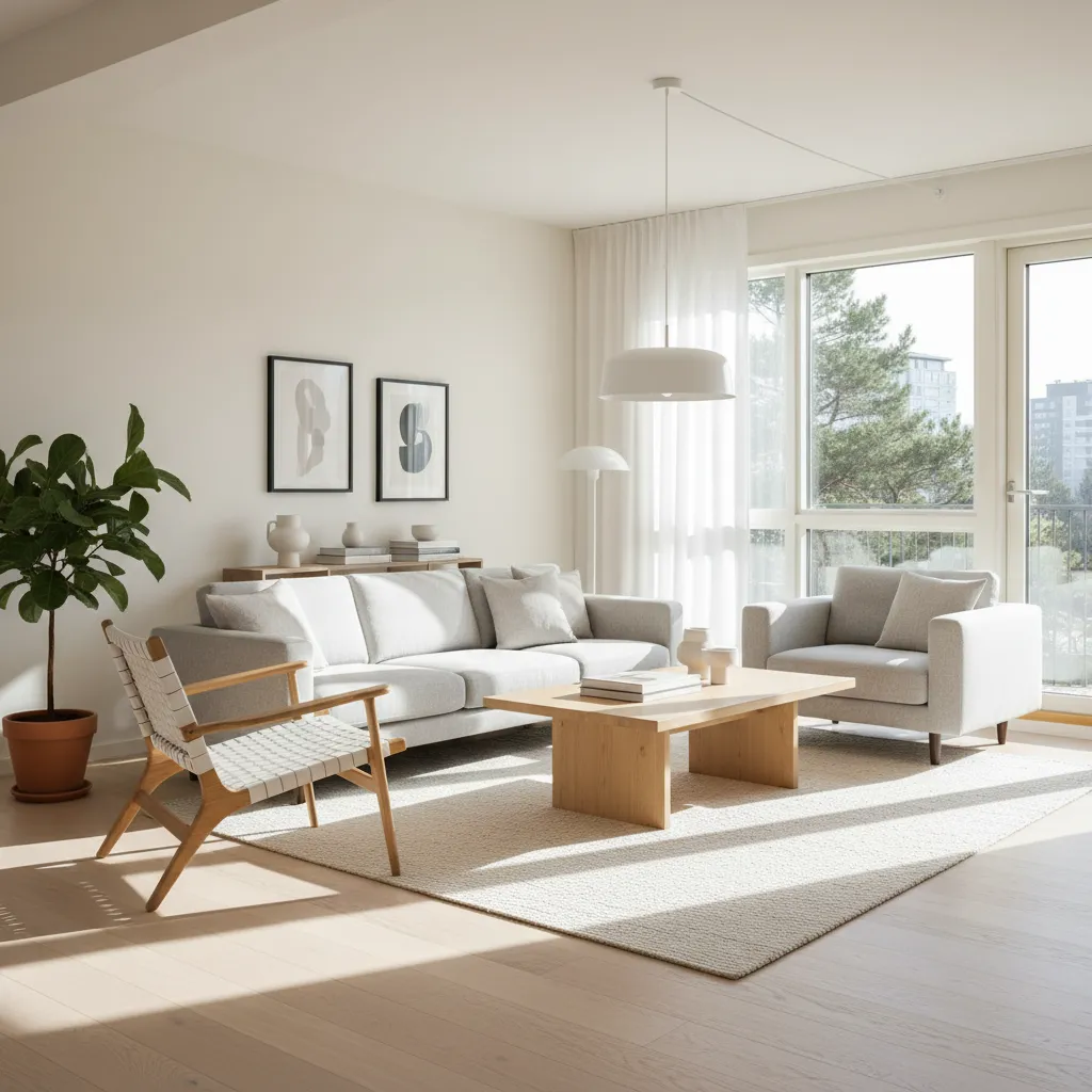 Salón moderno con espacio de circulación claro entre sofá y mesa