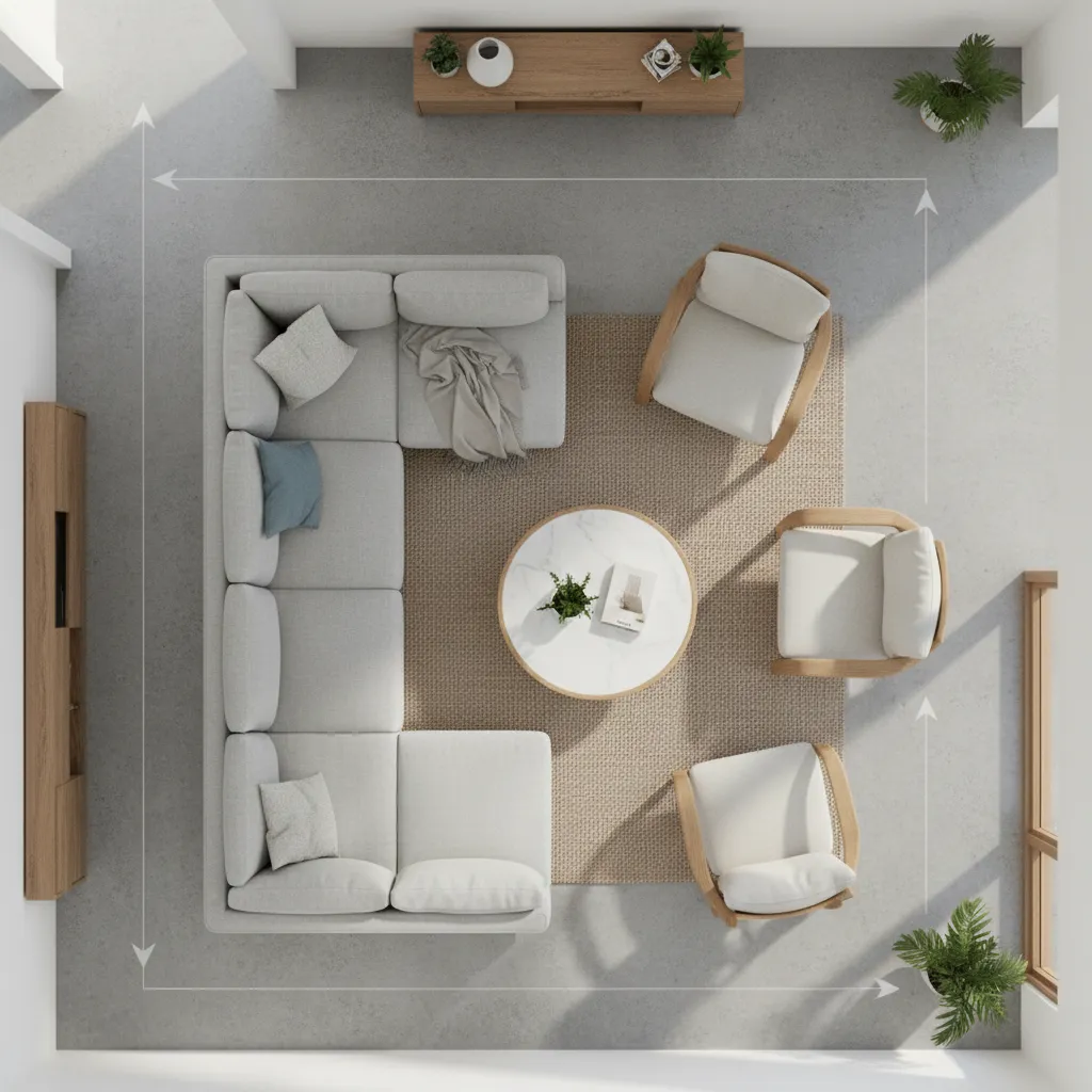 Living room layout showing clear walking paths between sofa coffee table and entry