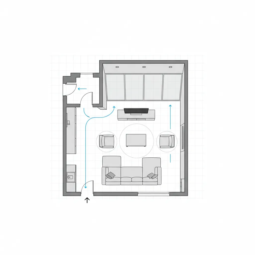 living room floor plan showing circulation paths and furniture spacing