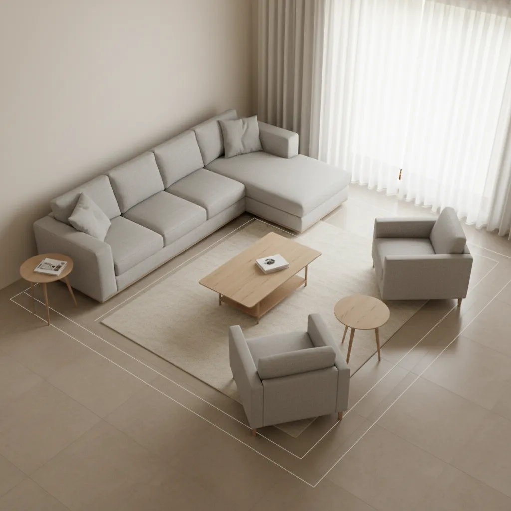 Living room layout showing circulation paths and furniture spacing