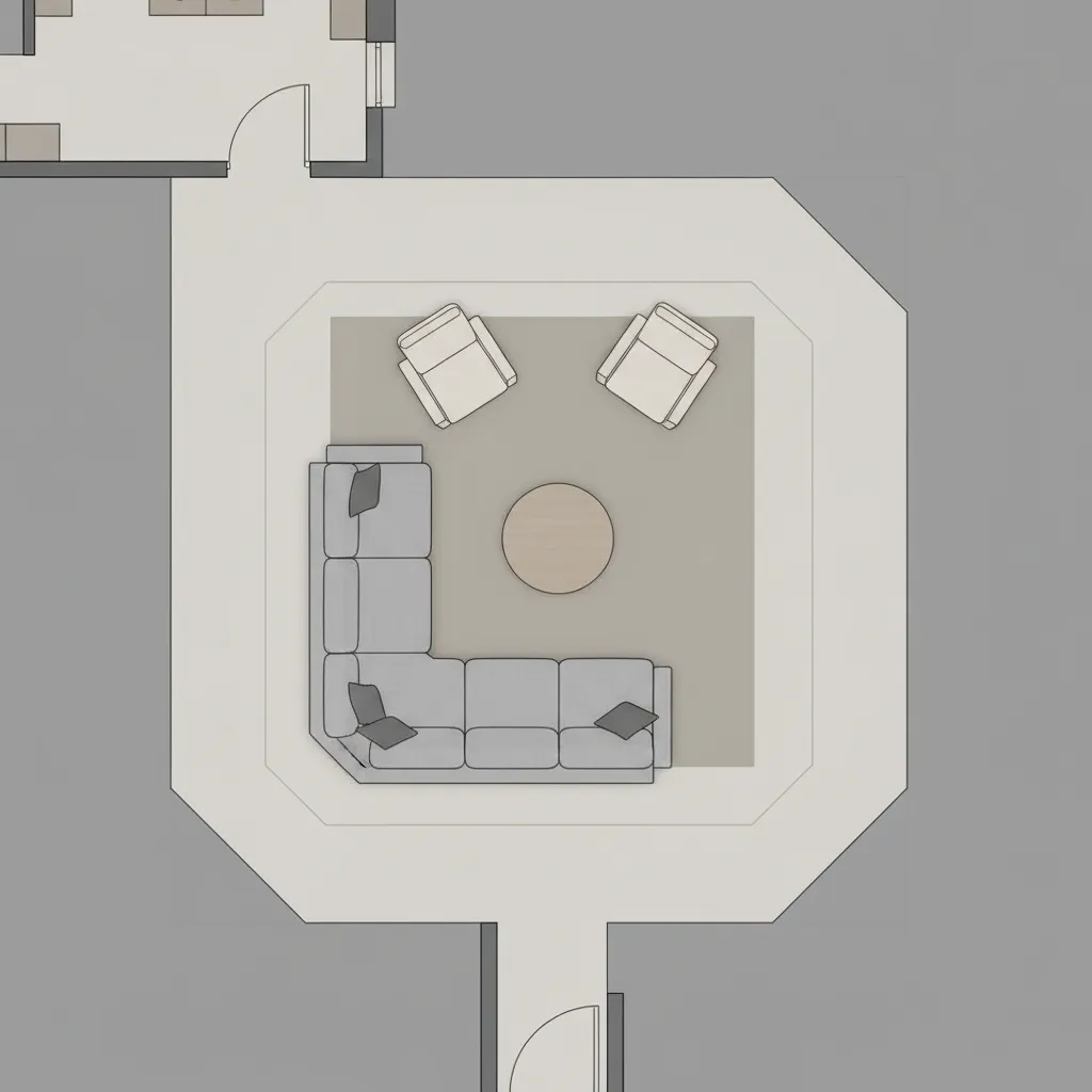 Living room furniture layout diagram showing circulation paths and seating arrangement