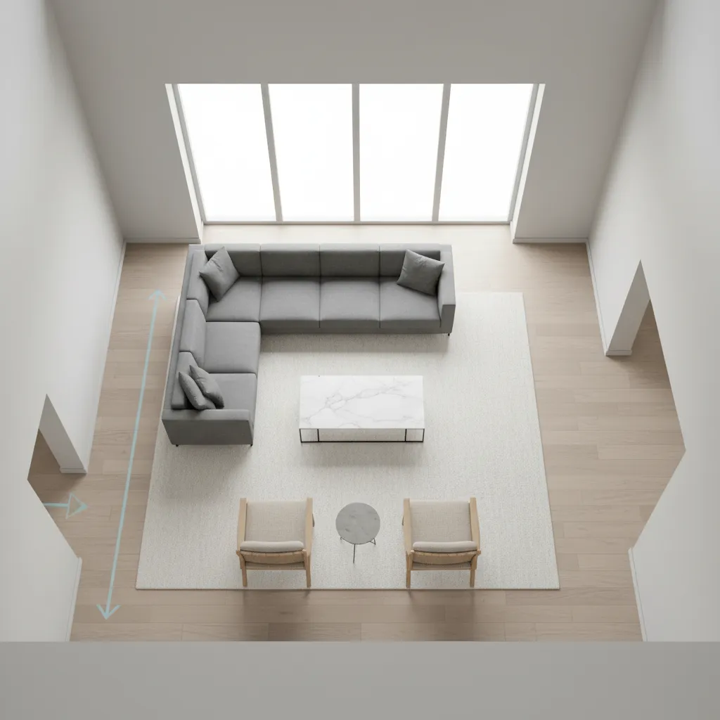 living room layout diagram showing furniture placement and walking paths