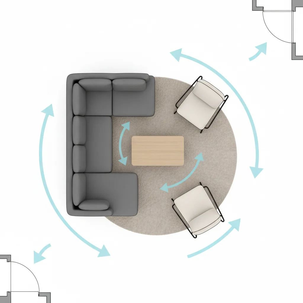 Living room layout diagram showing clear walking paths around furniture