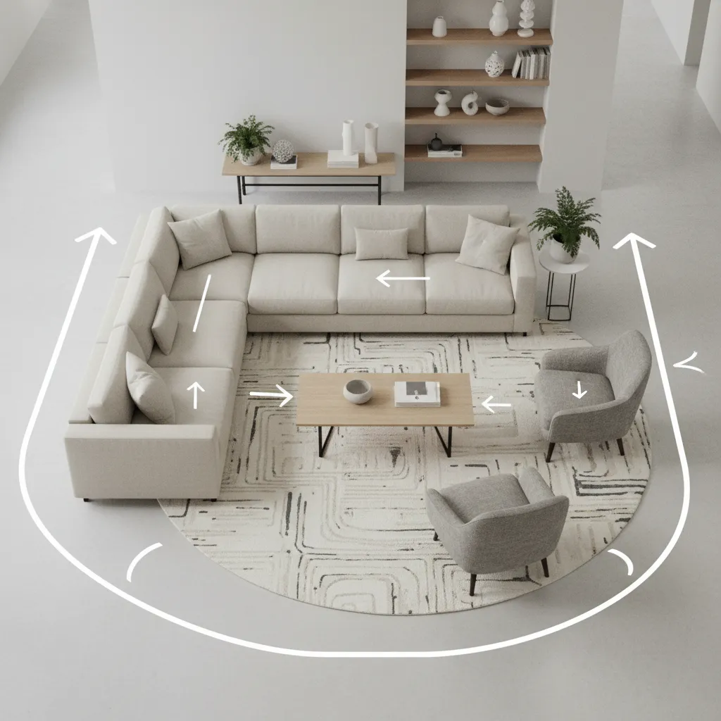 Living room layout diagram showing circulation space around furniture