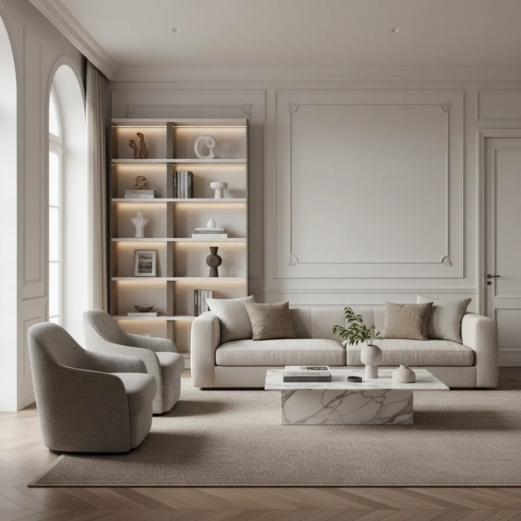 Sala de estar con paredes con molduras y sofá moderno