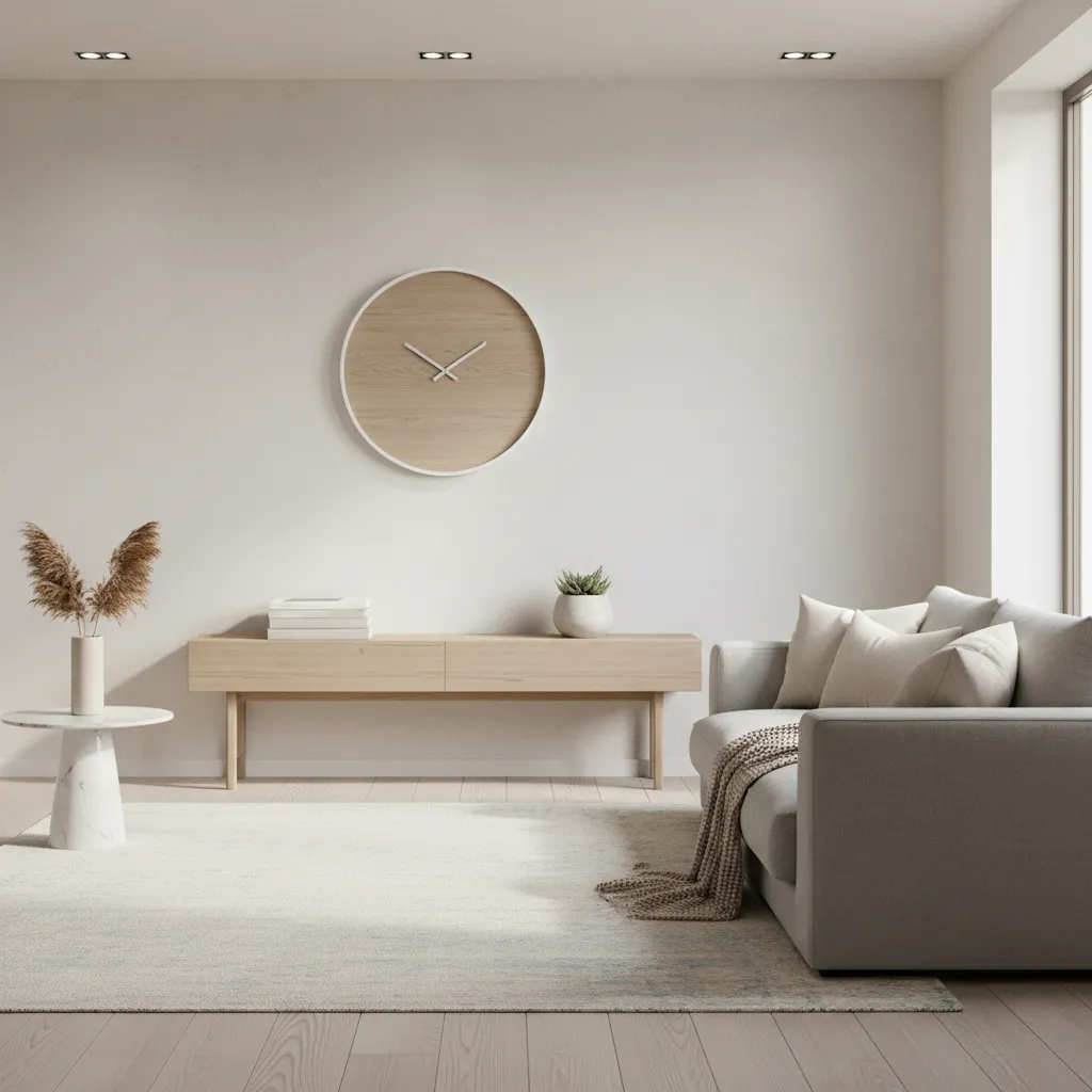 Living room wall clock placed in clear sightline above console table