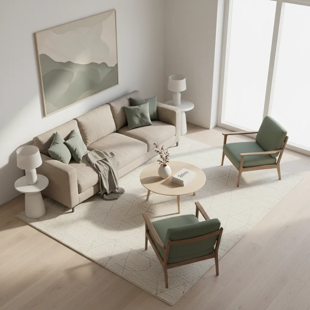 living room design showing balance of beige and green furniture layout