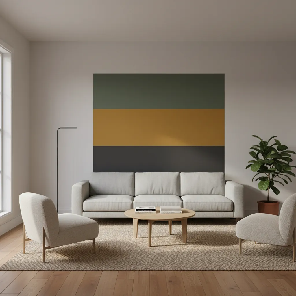 modern living room with bold color block painted wall behind sofa