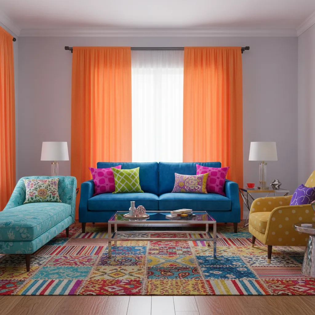 Living room with too many colors showing clash with bright orange curtains