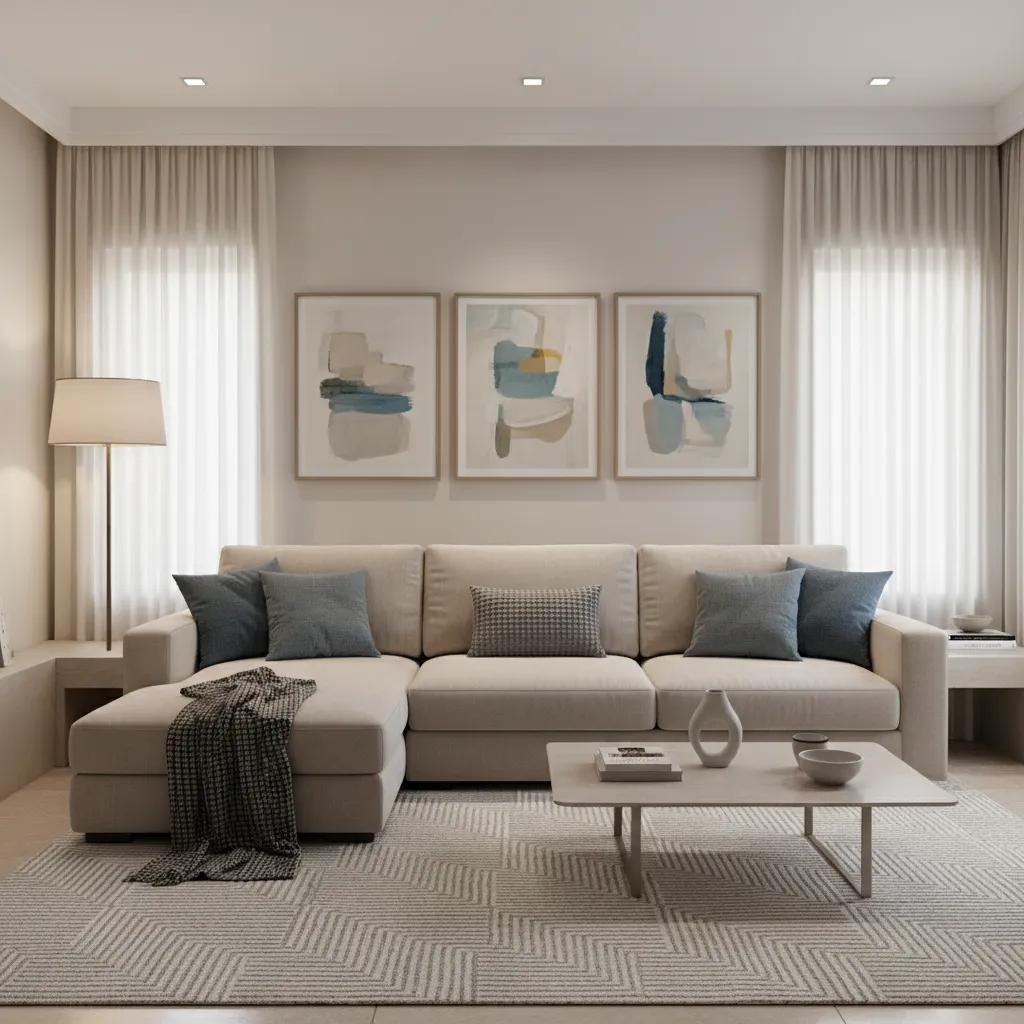 living room with coordinated neutral and accent color palette