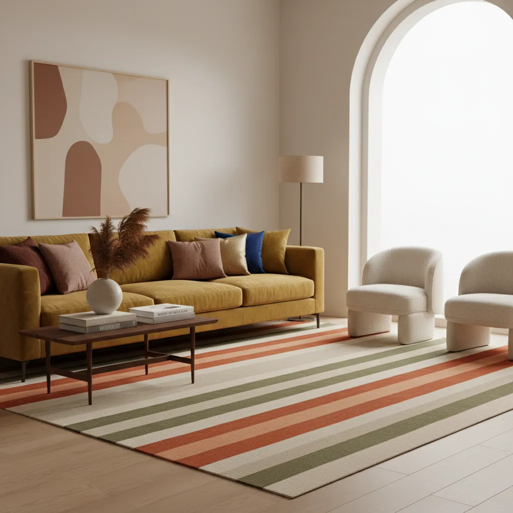 living room showing layered color palette with sofa rug and accent decor
