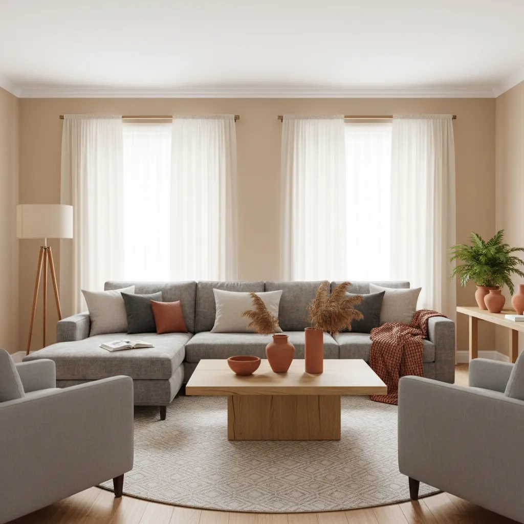 Salón con paleta de colores neutros y acentos terracota