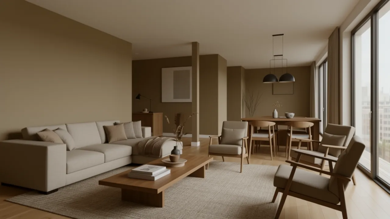 open living room with color zoning separating seating and dining area
