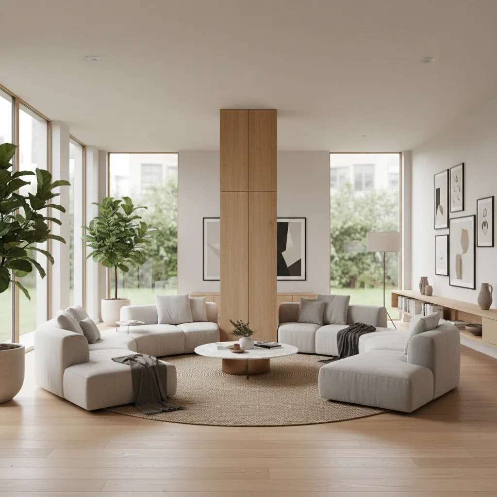Open living room with central structural column integrated into the interior design