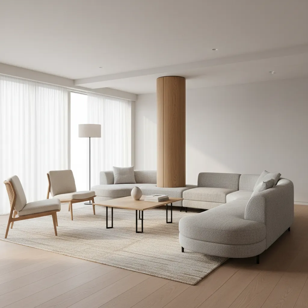 Open living room with structural column integrated into seating layout