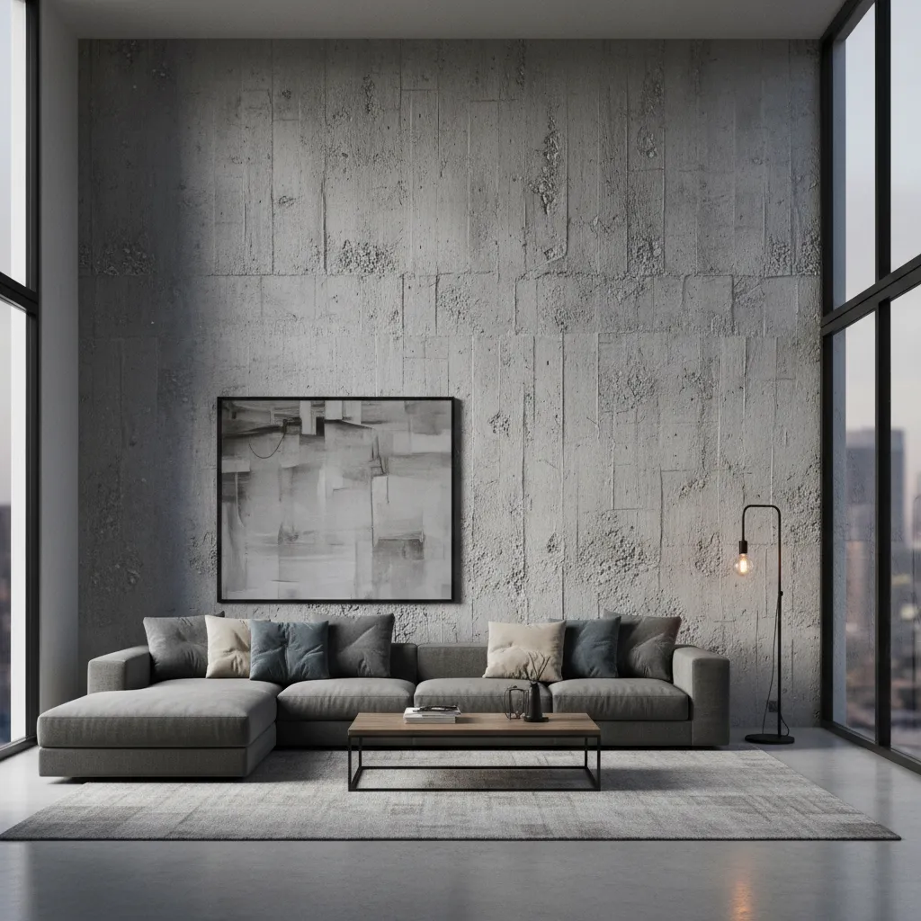 Large living room with modern concrete texture feature wall