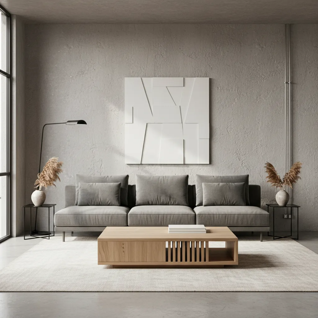 Modern living room with concrete texture paint wall behind sofa