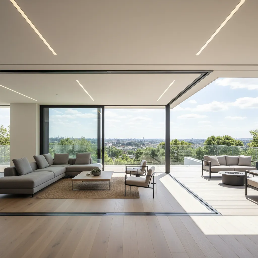 Modern living room with grey sofa opening to a large outdoor terrace with city view